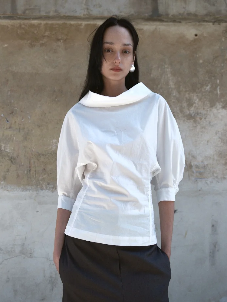 

Белая длинная блузка PRED из хлопкового бархата с рукавами-фонариками, женская, приталенная, с круглым вырезом, защита от УФ-излучения, весна 2025, модная, для повседневной носки