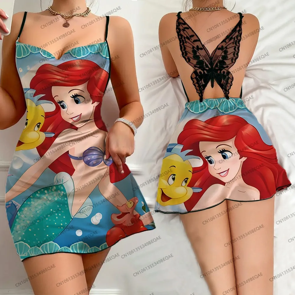 فستان حفلات صيفي 2025 مطبوع عليه أميرات ديزني فستان نوم أنيق من الدانتيل على شكل فراشة للسيدات تنورة بحمالات مريحة بدون ظهر