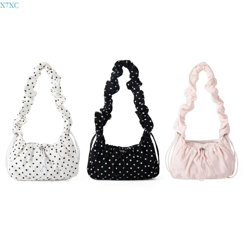 

X7XC Women Cloud Bag Korean Styles Crossbody Bag Simple Shoulder Bag Armpit Bag Polkas Dot Pleated Bag for Daily