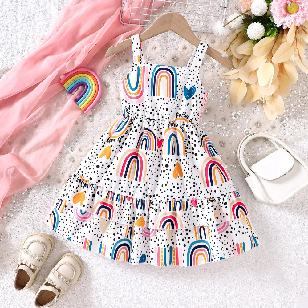 New Spring & Summer Toddler Camisole Dress - Polka Dot Base with Rainbow Heart Print, Double-Layer Skirt Sweet Element Dress