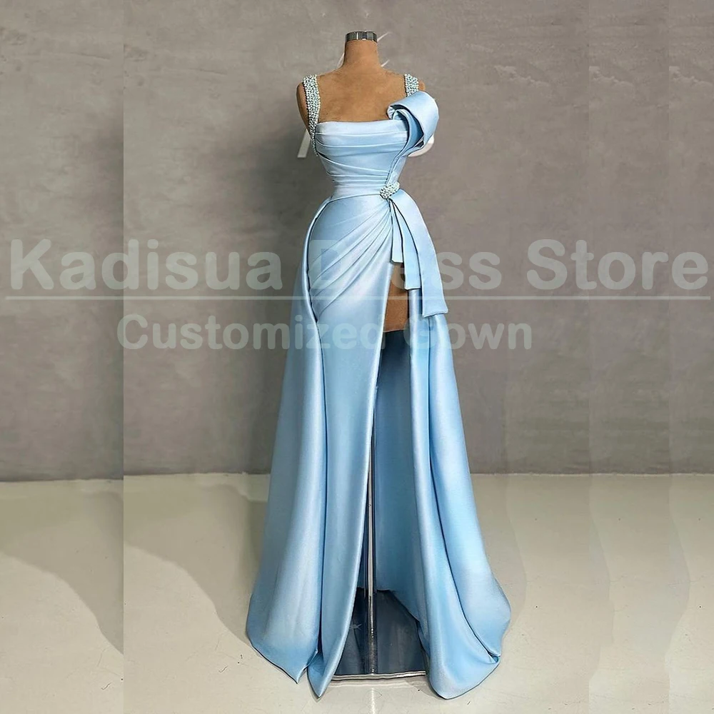 

Simple Blue Evening Dresses Pleat High Split Beading Gowns Floor Length Spaghetti Strap Party Pretty Dress Vestidos 2025