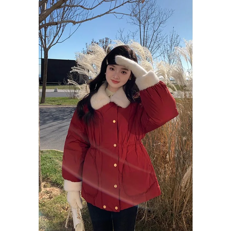 

Red Fur Collar Small Man 2025 New Winter Down Cotton Jacket Women's Short Waist Cotton Jacket Padded Jacket