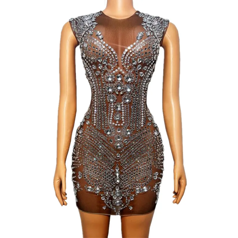 Silver Crystal Rhinestones Sleeveless Mesh Dress Sexy Fashion Birthday Evening Party Celebrate Transparent Stage Wear Costume