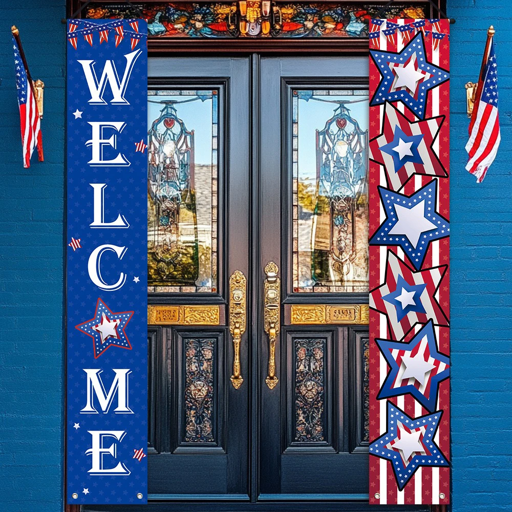 Patriotic Welcome Door Banner, American Flag Star Curtain for Independence Day 4th of July Front Porch Decor