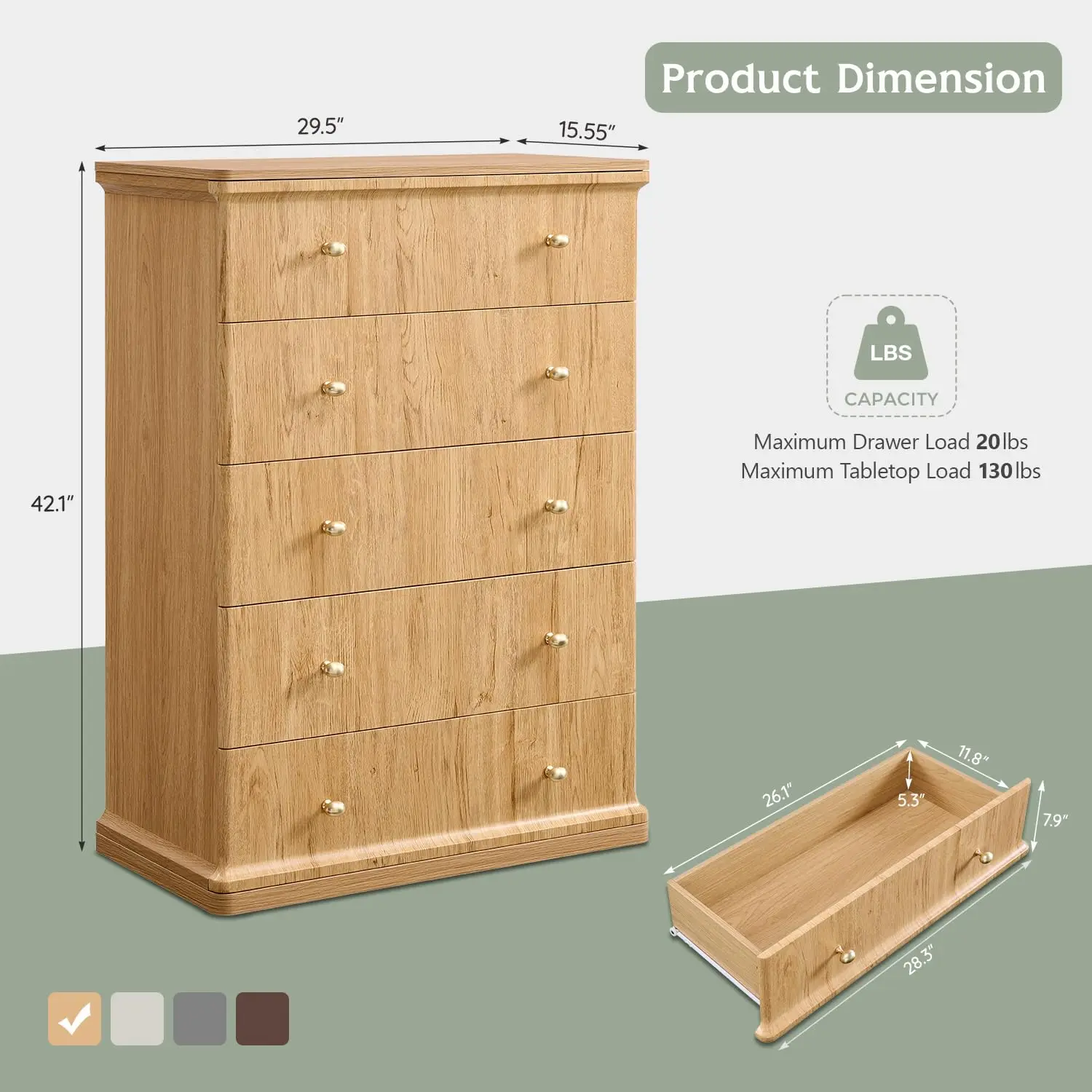 Wooden Chests of Drawers w/Curved Waterfall Edge, Mid Century Vertical Storage Dressers Organizer w/Metal Handle for Bedroom