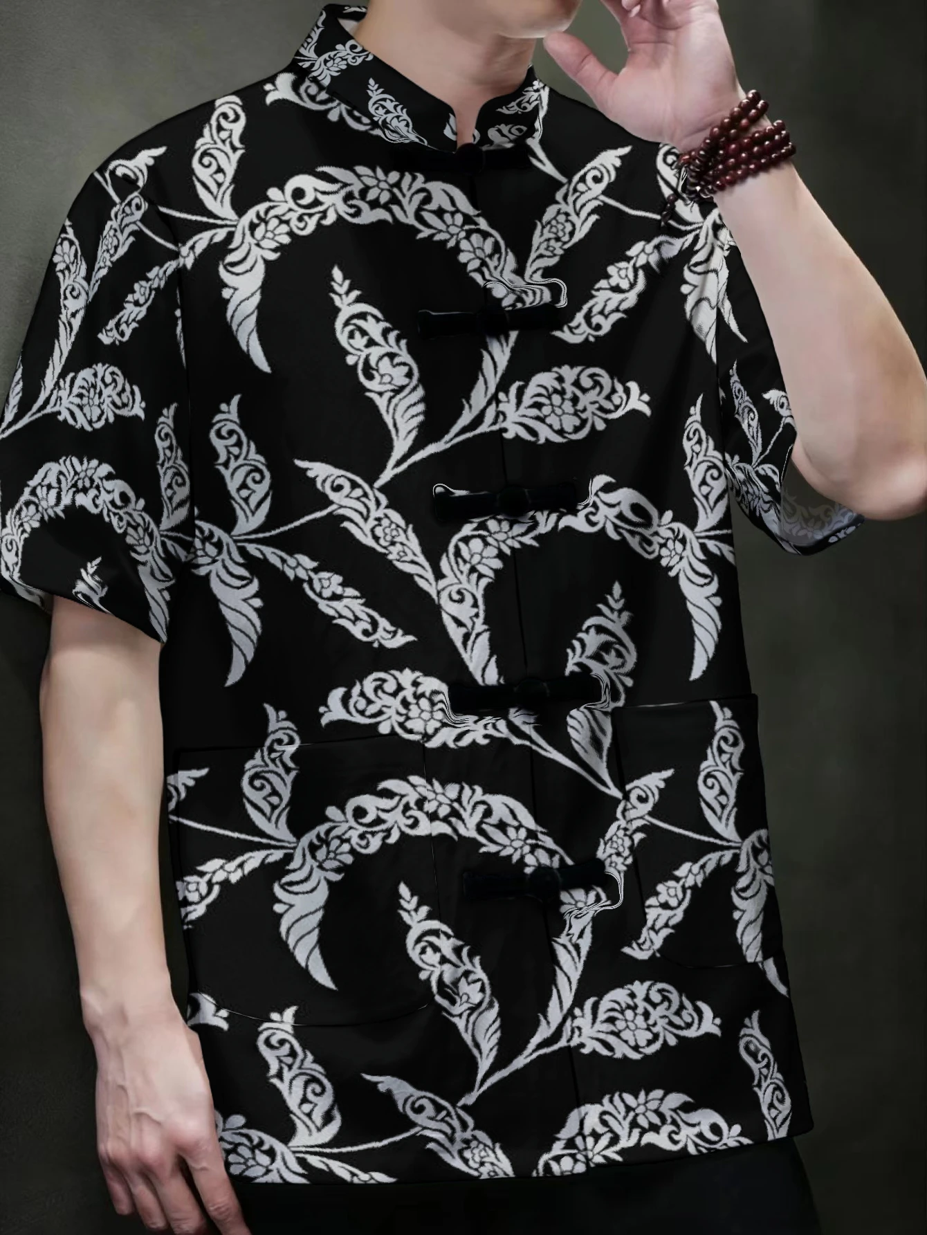 Men Mandarin Collar Frog Button Short Sleeve Shirt Abstract Geometric Art Print Oriental Casual Top With Side Pockets