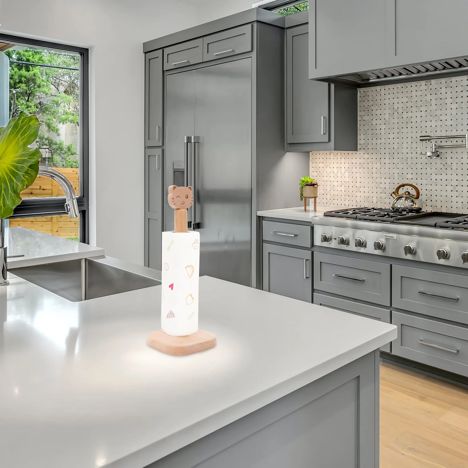 

1Pcs Wooden Paper Towel Holder Natural Wood Upright Kitchen Roll Rack Sturdy Durable Weighted Base Practical Tissue Organizer