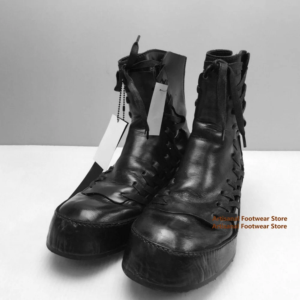 Cross Tied Motorcycle Boots Thick Soled Chelsea Boots Men's High Top Back Zipper Booties Trendy Handmade Stylish Men's Boots