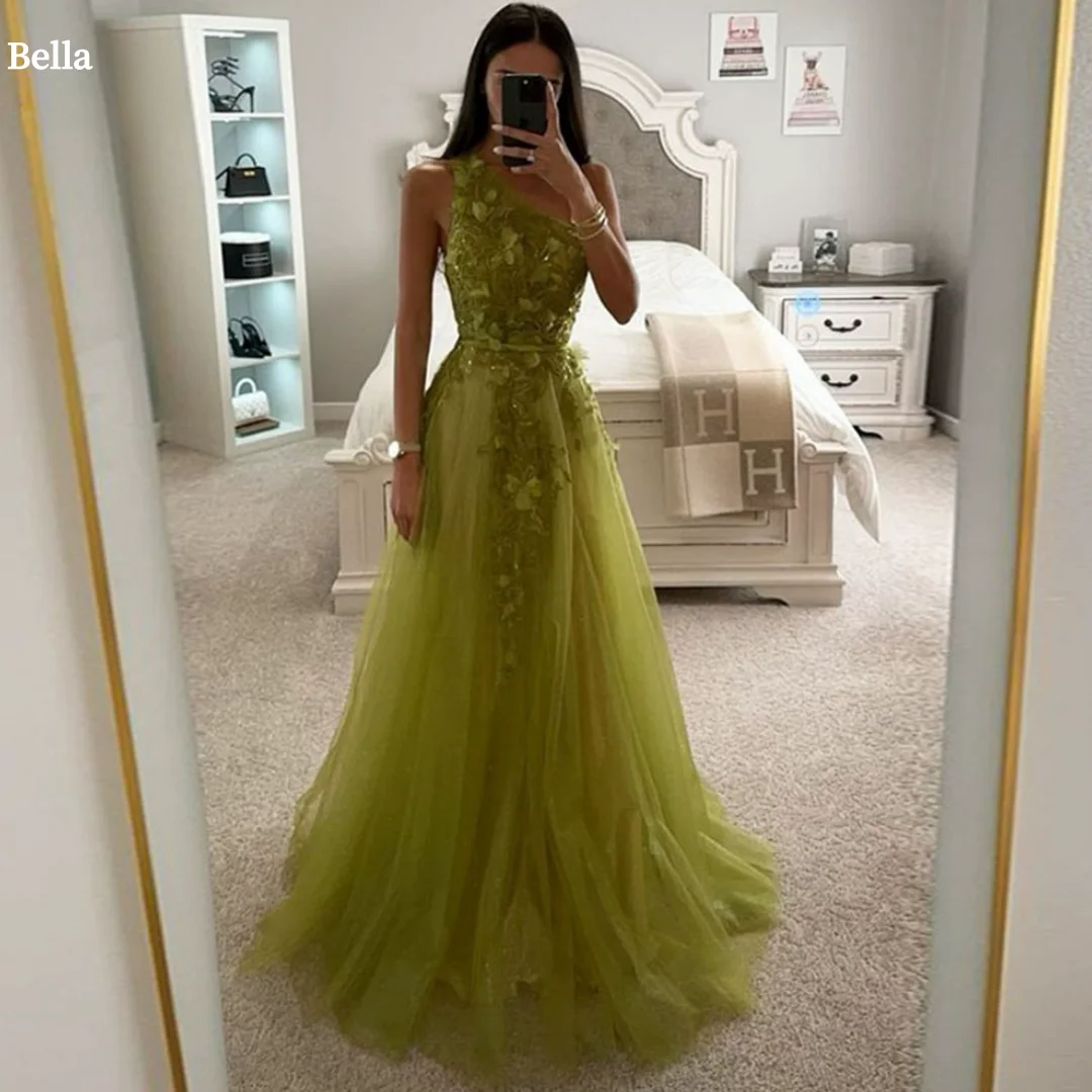 Bella Green One Shoulder Tulle robes de soirée Floor-Length Evening Dresses Valentines Day Elegant Sleeveless Wedding Dress 2024