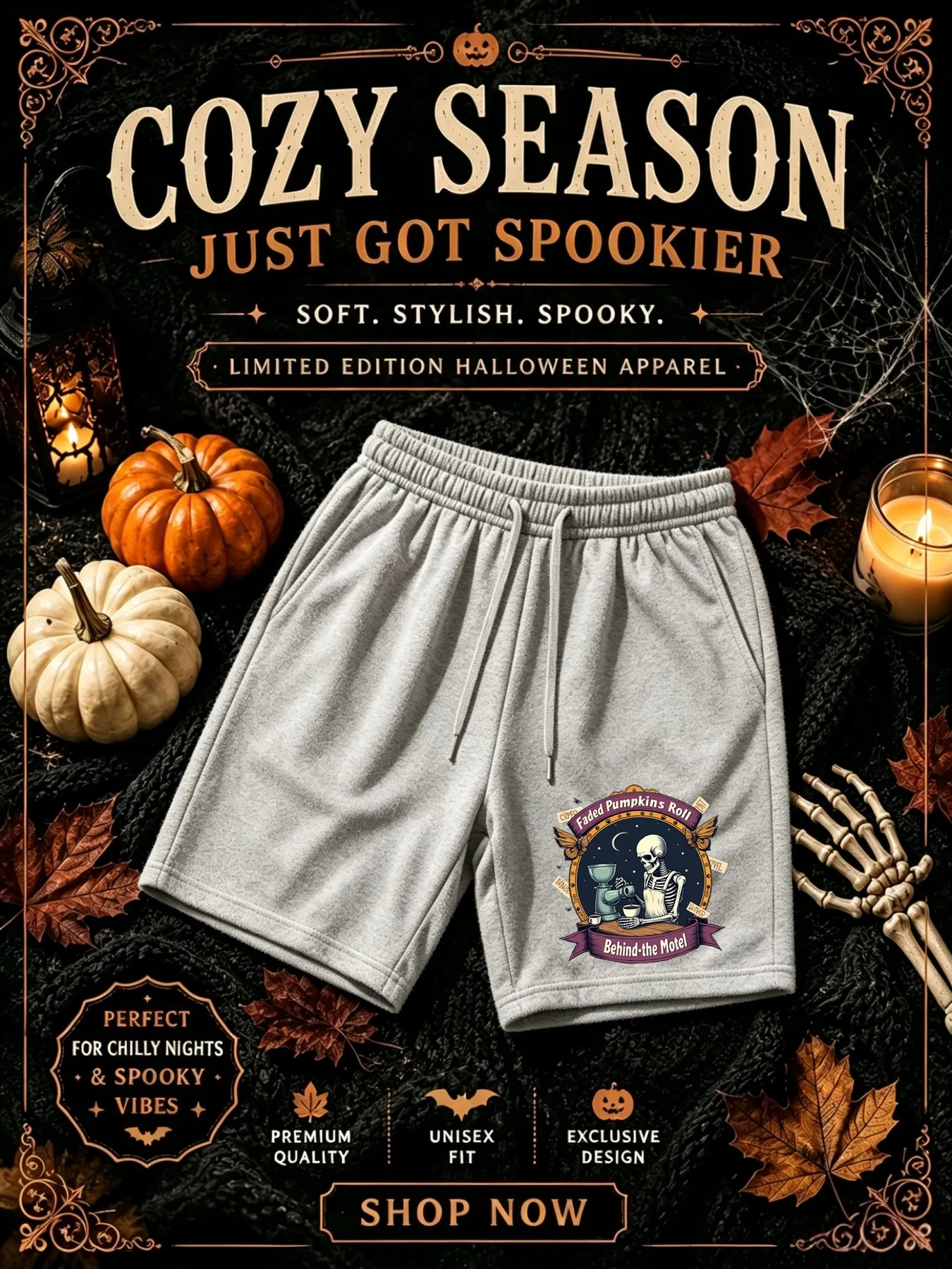 Men's Halloween shorts, skull ground coffee, faded pumpkin under the moon, rolling design behind a motel, jogging shorts