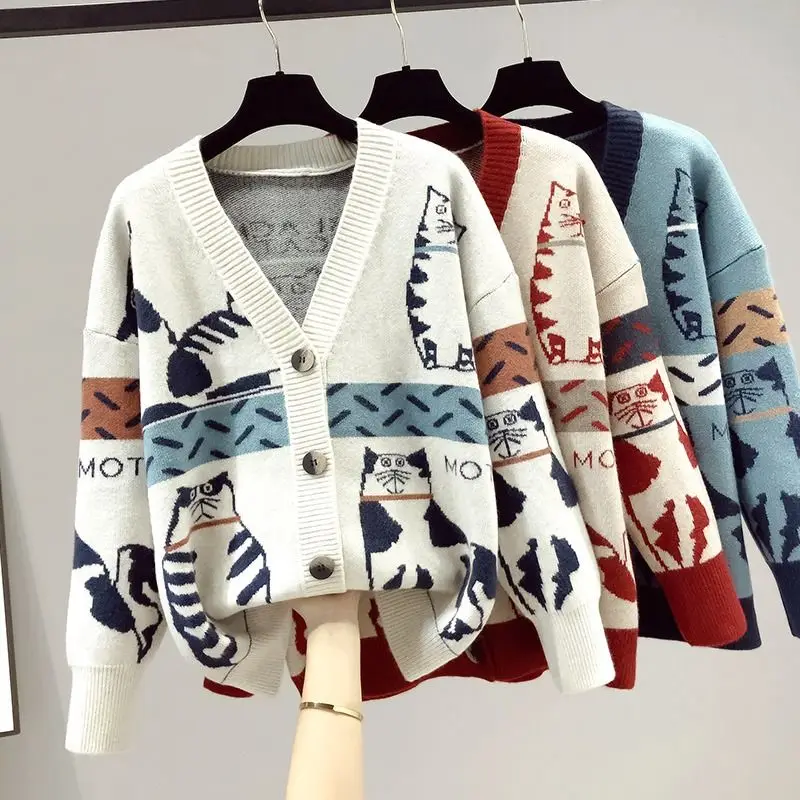 2024 New Women\'s Clothing Printing Knitting Sweaters Ladies Fashion Tops Buttons Cardigan Autumn Winter Long Sleeve Sweaters