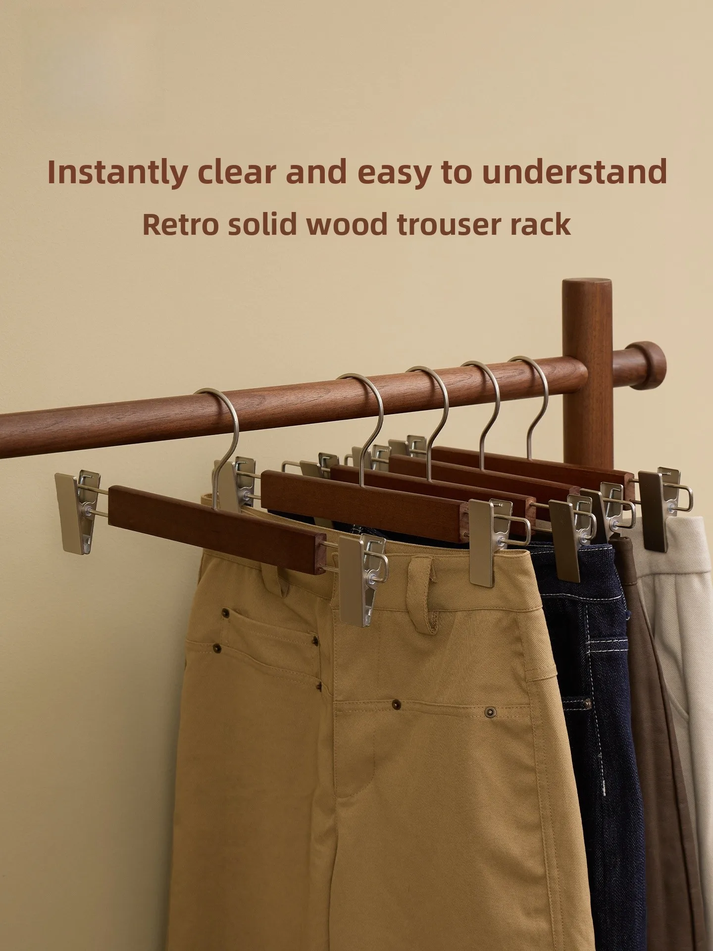 

Vanhuan Wood Pants Rack Adjustable Sliding Clamp Anti-Slip Storage Organizer Retro Style Home Clothing Care Accessories