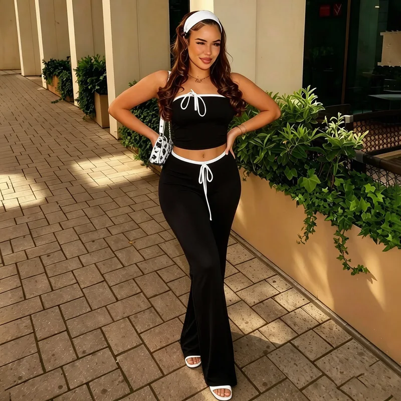 2 piece set women clothing autumn tube top wide leg pants strapless outfits bow patch high waist flare trousers sets crop top