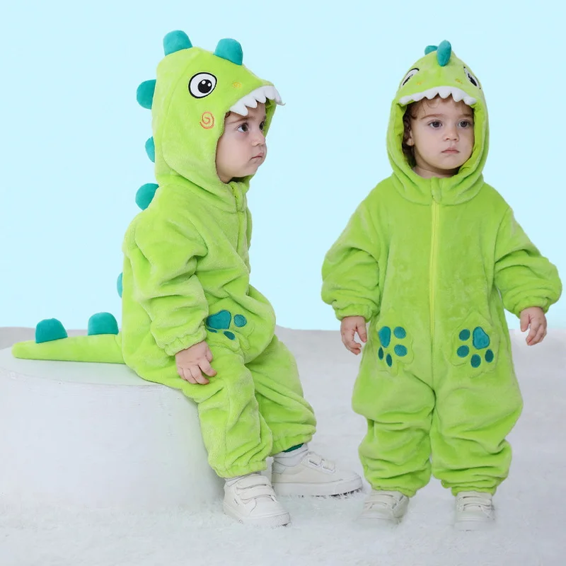 Baby Boys Winter Infant Dinosaur Romper Girls Flannel Cartoon Animal Jumpsuit New Born Clothing Hooded Toddler Cute Baby Costum