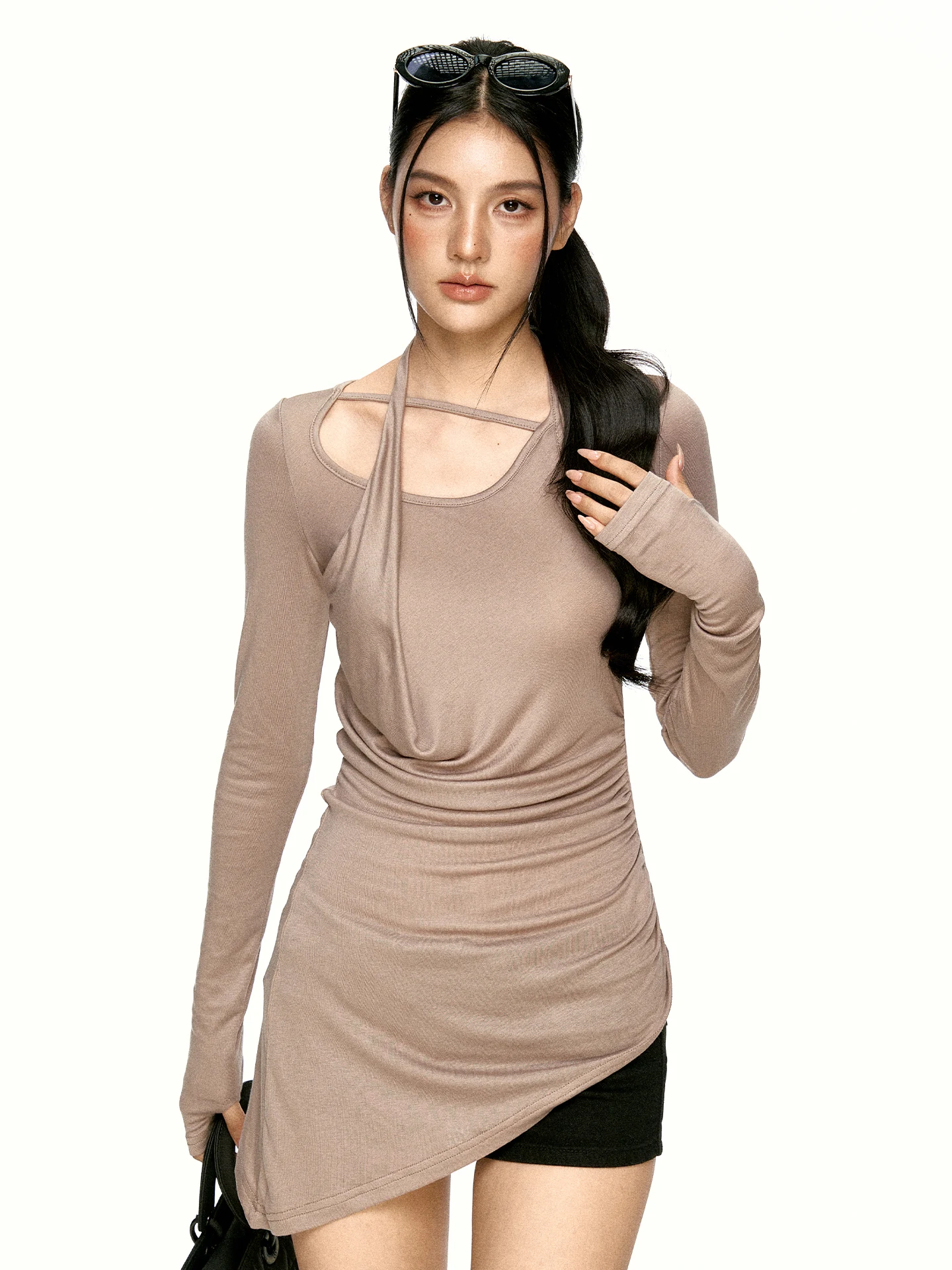 Aaisup Coffee Color Irregular Neck Hanging Long Sleeve T-Shirt Women's Initial Autumn Design Sense Pleated Waist Slimming Bas...