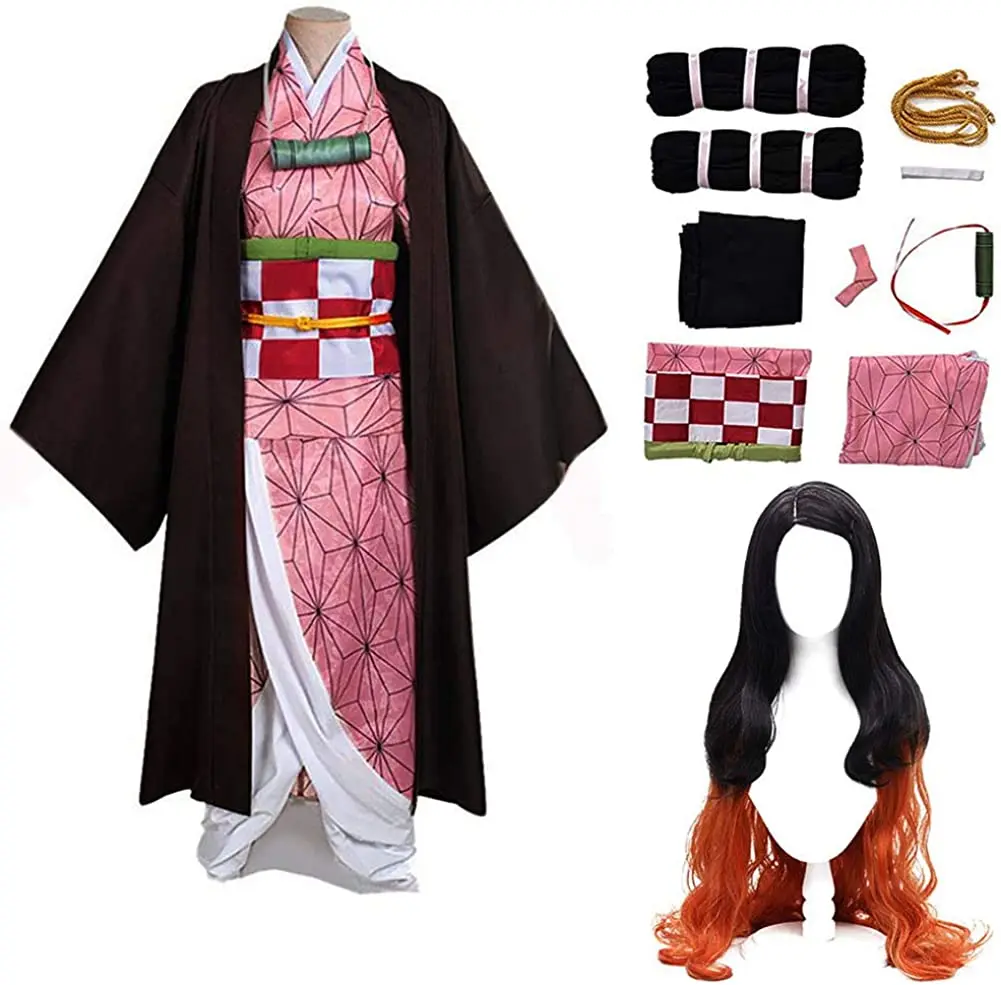 Kamado Cosplay Kostuum Outfit Kimono Met Hairwear En Bamboe