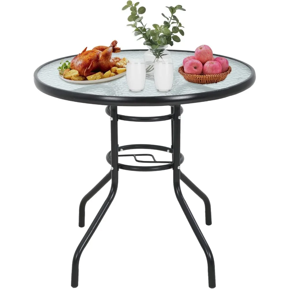 

Outdoor Table Patio Table Dining Table with Tempered Glass Umbrella Hole for Lawn Balcony, Yard (Round)