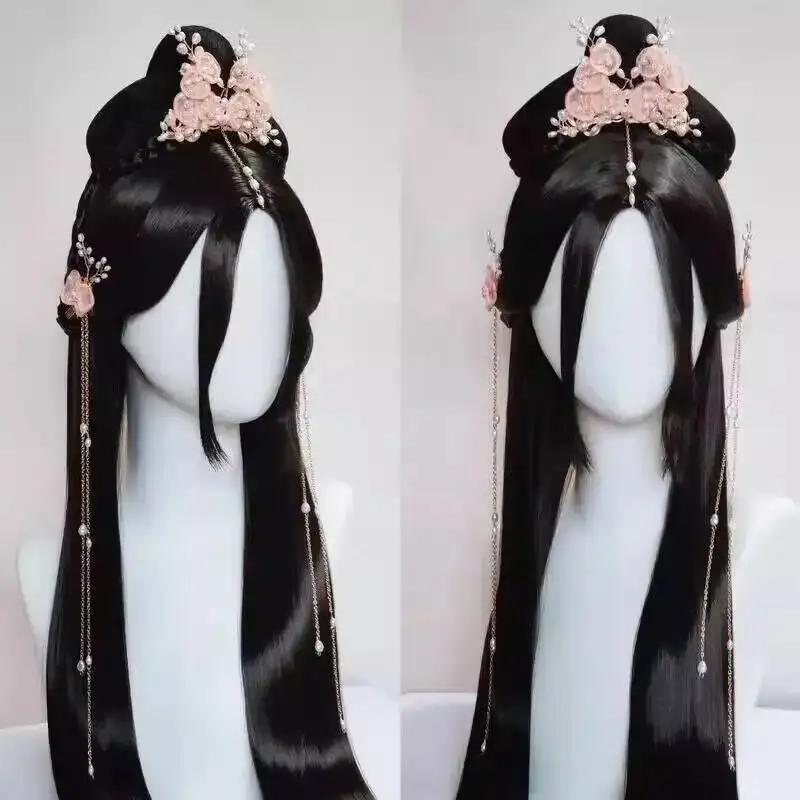Ancient Style Hanfu Women's Wig Full Head Set Hair Accessories Long Yue Jin Ming Imitation Ye Xi Mist Same Style Pearl Pink view 4