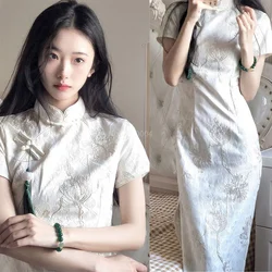 Improved Qipao New Chinese Style Dress White Jacquard Cheongsam Elegant Long Vestidos Women Summer New Mandarin Collar Qipao
