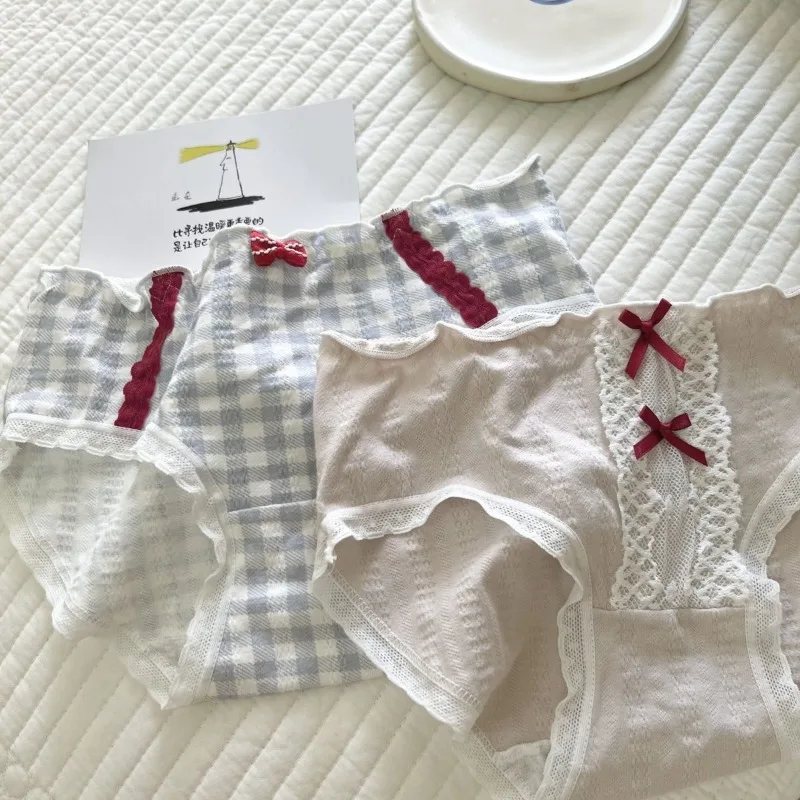 

4 Pcs Female Underwear for Women Lace Plaid Panties Korean Mid Rise Pack Set Lingerie Schoolgirl 2024 Cute Bow Summer Briefs New