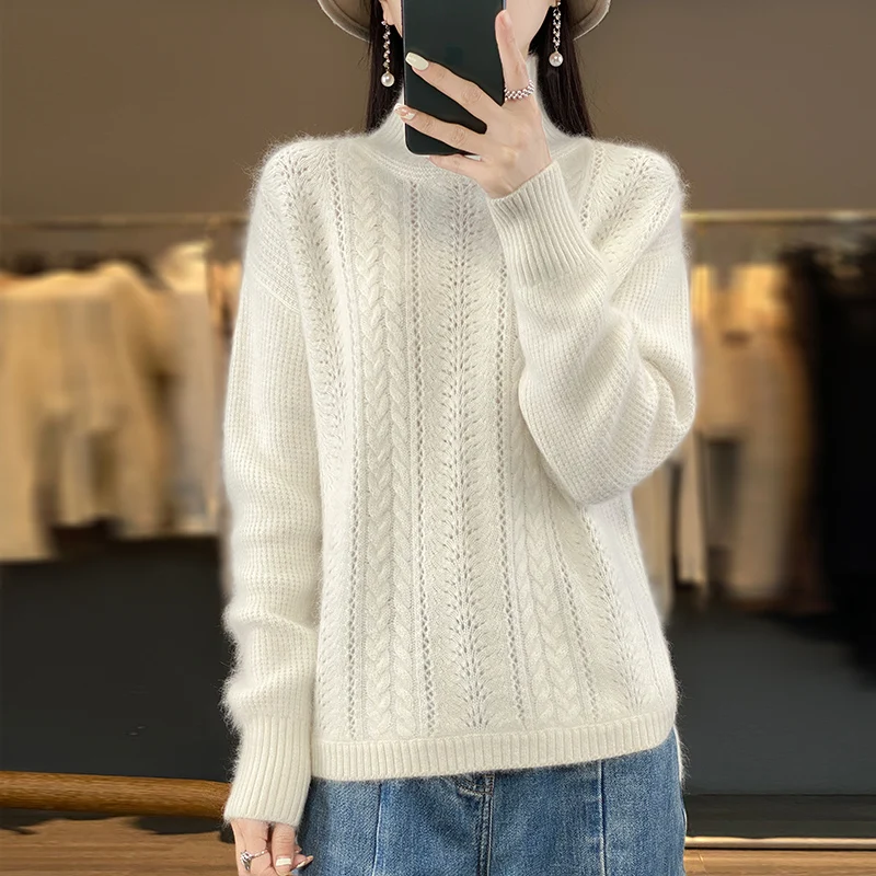 DjzDsm Autumn/Winter New 100% Mink Cashmere Women\'s Turtleneck Fashion Hollowed-Out Pullover Knit Base Long Sleeve Sweater