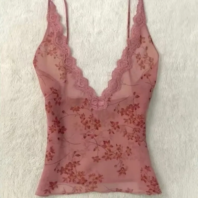 Fashion Hottie Camisole French Retro Sexy Lace Stitching Halter Vest Harajuku Vintage V-neck Slim-fit Tanks Women Print Chic Top