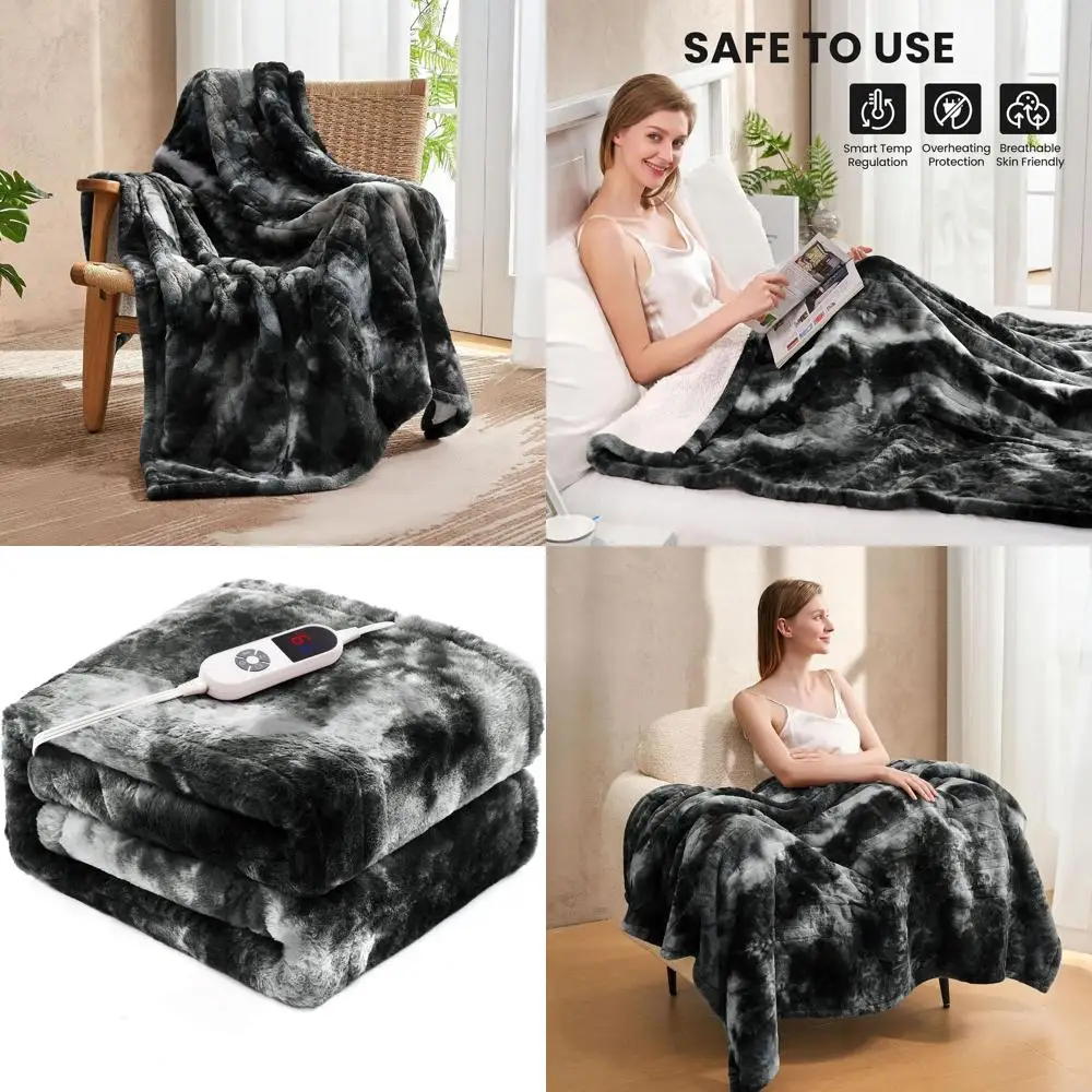 

Luxury Twin Size Black Faux Fur Electric Blanket, 62x84, 6 Heat Levels, Auto Shut-Off