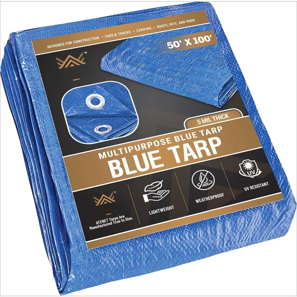 

Tarp Blue Cover 50 x 100 Feet I Waterproof Plastic Poly I Tarpaulin with Metal Grommets I Great Idea Use for Roof