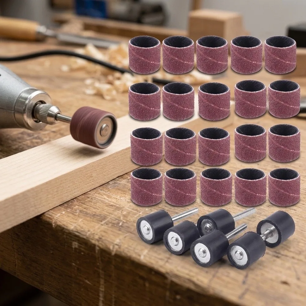 25Pcs Sanding Drum Ring With Rod Abrasive Rotary Grinding Head 40-320# 1/2inch Household Power Hand Tools Accessories