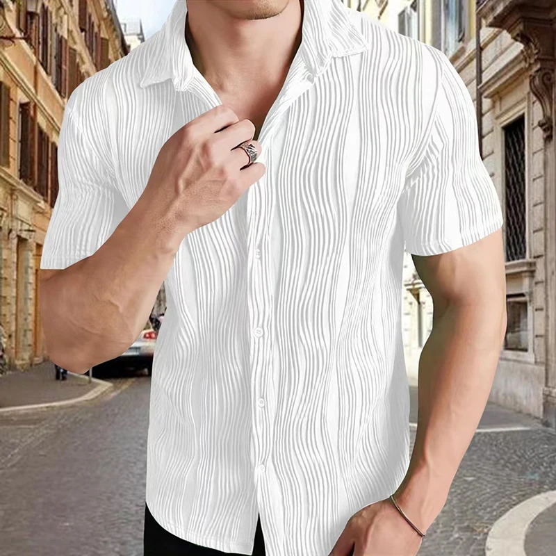 2024 Summer Streetwear Casual Shirts Men Loose Short Sleeve Button Knitting Shirt Vintage Mens Clothes Solid Color Texture Shirt