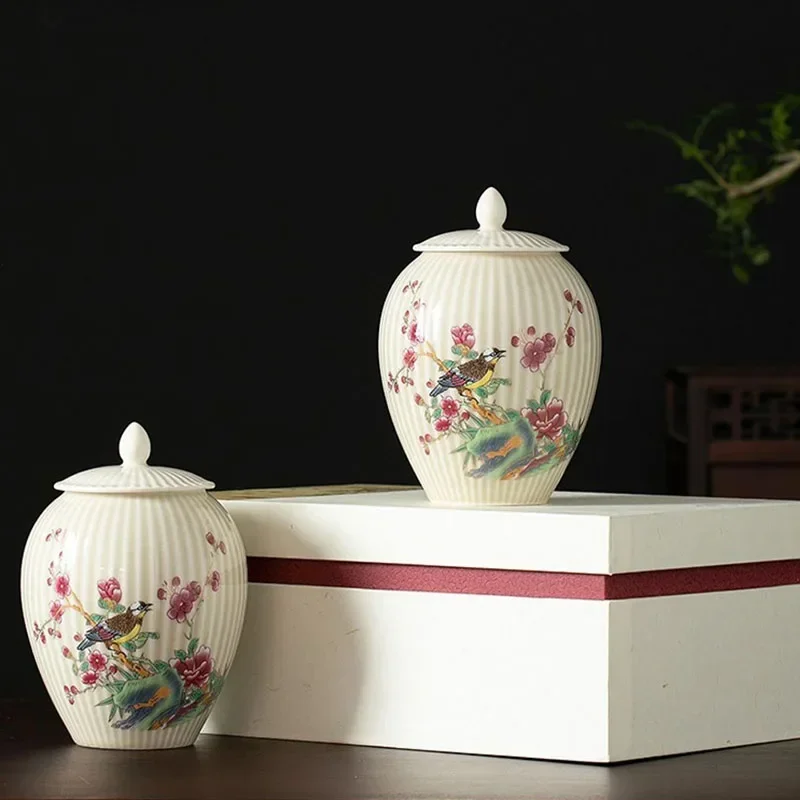 Exquisite Flower and Bird Storage Jar with Lid Ceramic Striped Candy Miscellaneous Grains Sealed Jar Kitchen Storage Container