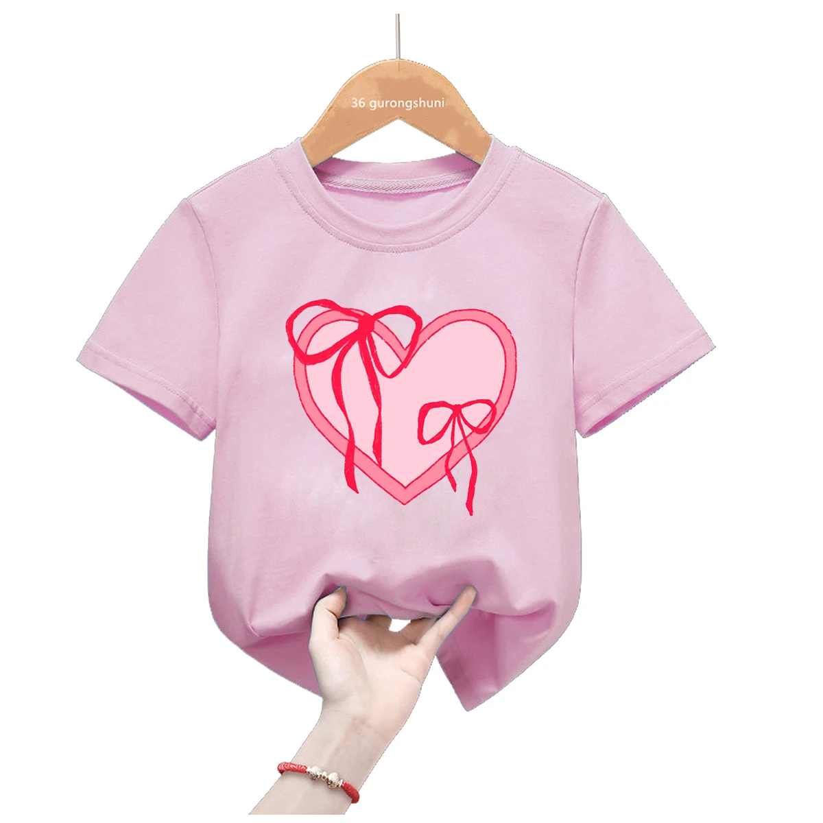 Love Bow Graphic Print Girls T-Shirt Cute Children'S Clothes Summer Fashion Girls Pink O-Neck Short Sleeved Tee Top 1-13yeas Old