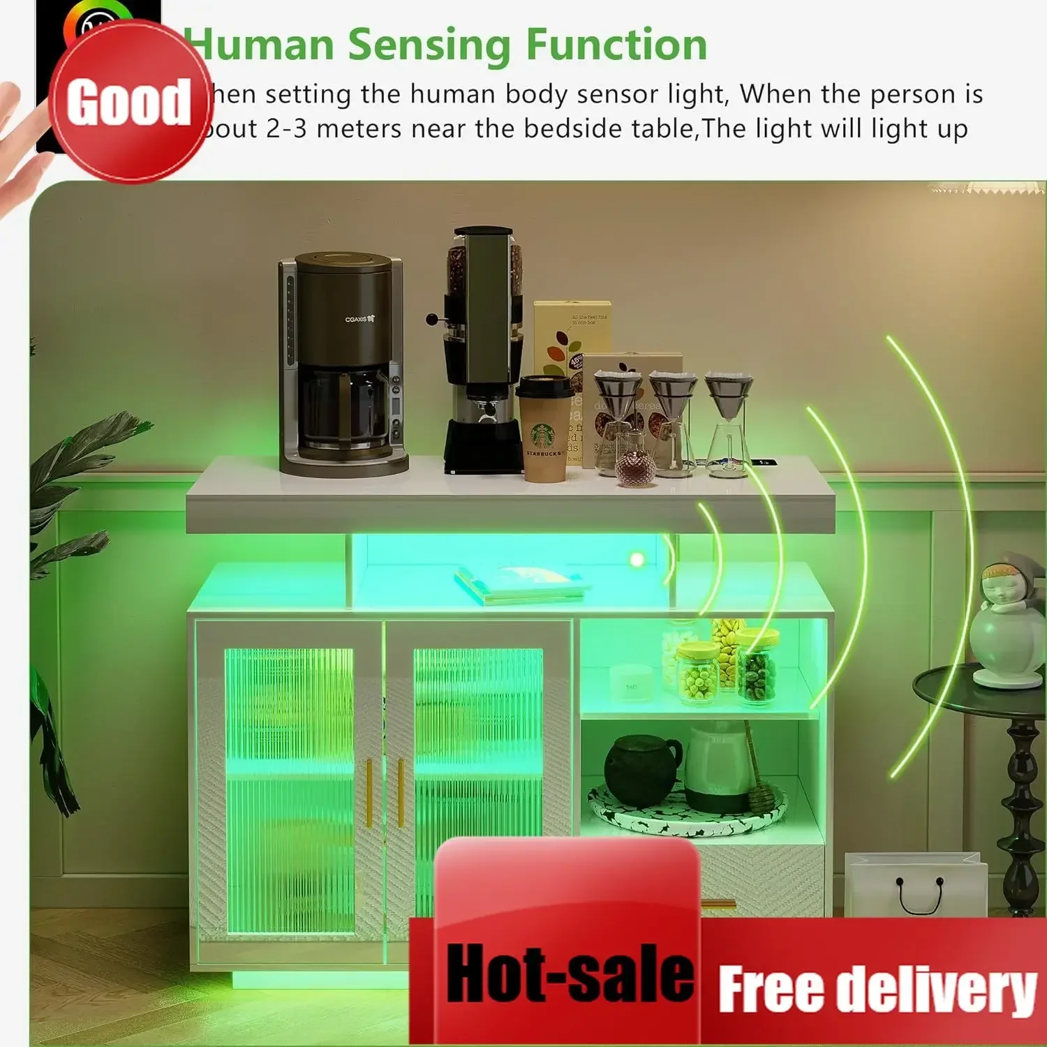 White Smart LED Sideboard Buffet Cabinet Auto RGB Light Charging Station Drawer Hutch Living Dining Room Home Storage