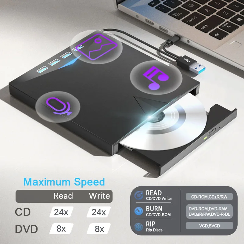 External DVD Drive for Laptop PC Portable CD/DVD ROM Player Burner with SD TF Card Slots USB3.0 Optical Drives