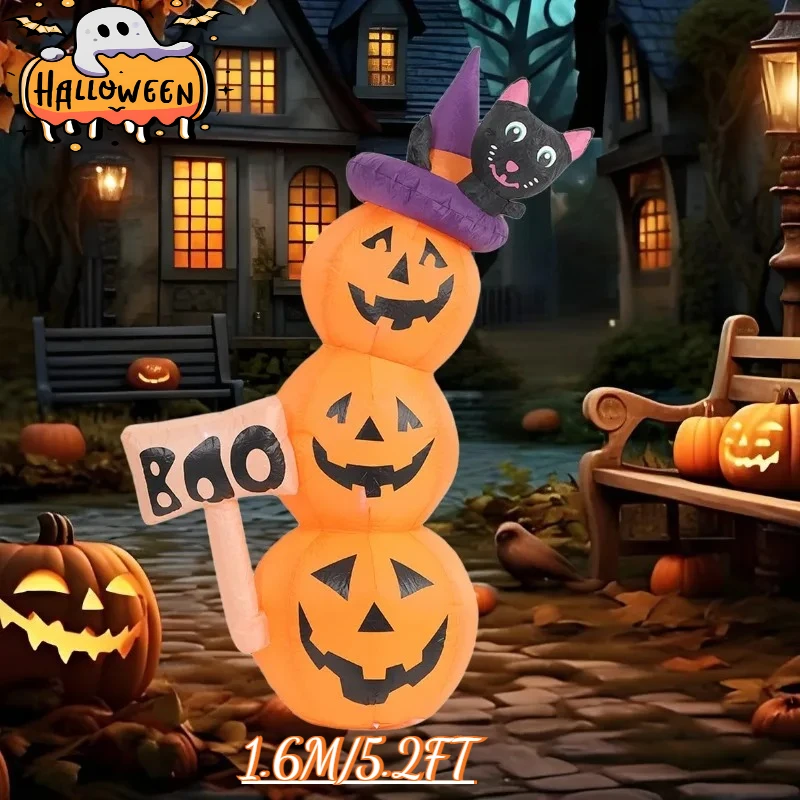 

Outdoor Halloween Decorations Inflatable Toys Model Pumpkin Tower with Cat Built-in LEDs Holiday Ornament Garden Decor Props