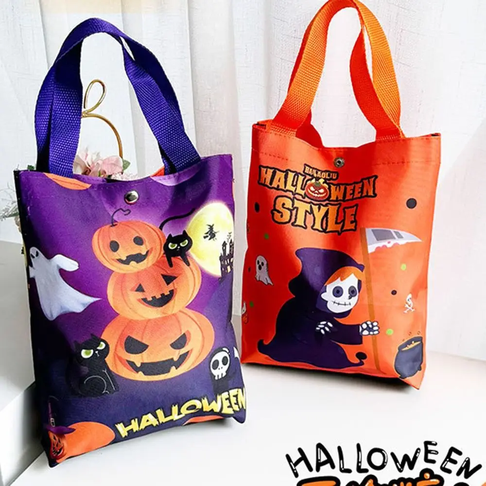 

Handheld Halloween Candy Tote Bag Pumpkin Pattern Design Drawstring/Snap Button Halloween Gift Handbag Portable Reusable