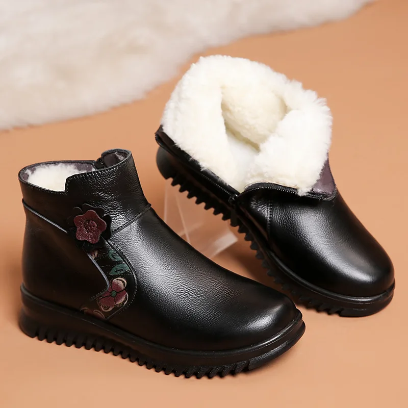 

Winter Fashion Women Genuine Leather Ankle Boots Female Thick Plush Warm Snow Boots Mother Waterproof Non-slip Booties Plus Size