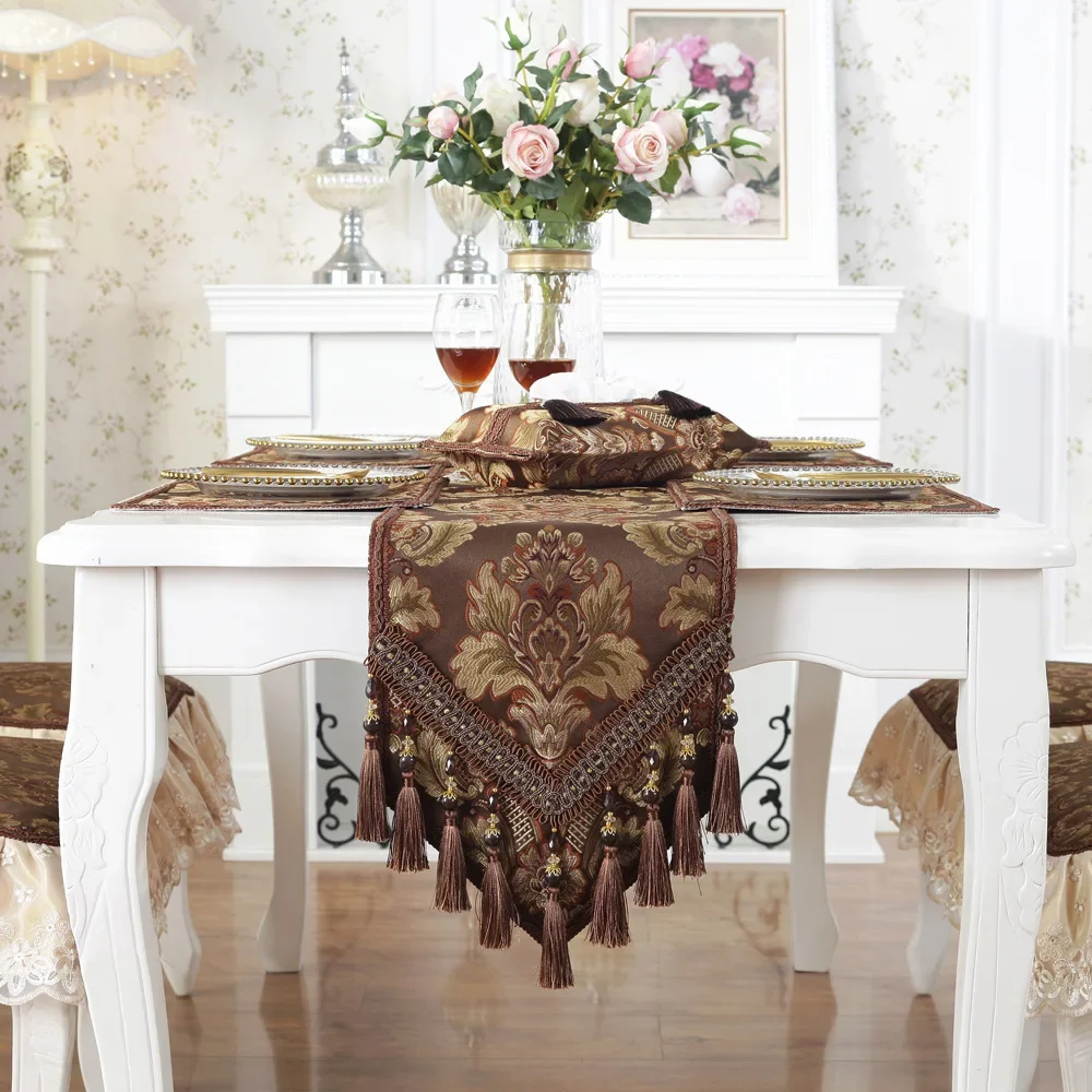 Brown Color Big Patterns Table Runner Chinese Classical Style Tea Table Flag Tea Table Close TV Cabinet Cover Cloth with Tassels