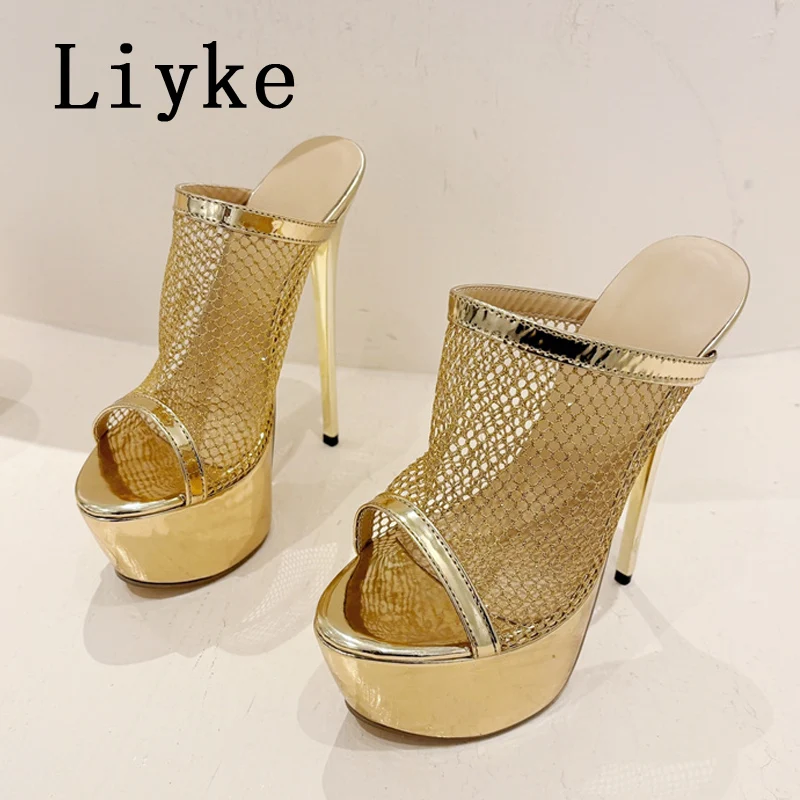 Liyke Summer Fashion Breathable Mesh Peep Toe Extreme High Heels Platform Slippers For Women Sandals Shoes Lady Pumps Slides