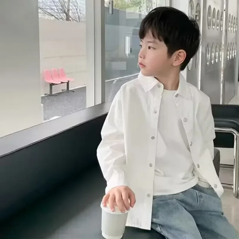 

New Boys Solid Color Shirt Big Boys Korean Casual Top Spring and Autumn Clothing Children's Long Sleeved Shirt