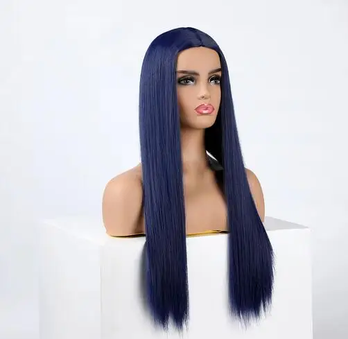 Peruca de cabelo sintético azul escuro feminino, peruca longa cosplay, resistente ao calor, nova moda, azul marinho