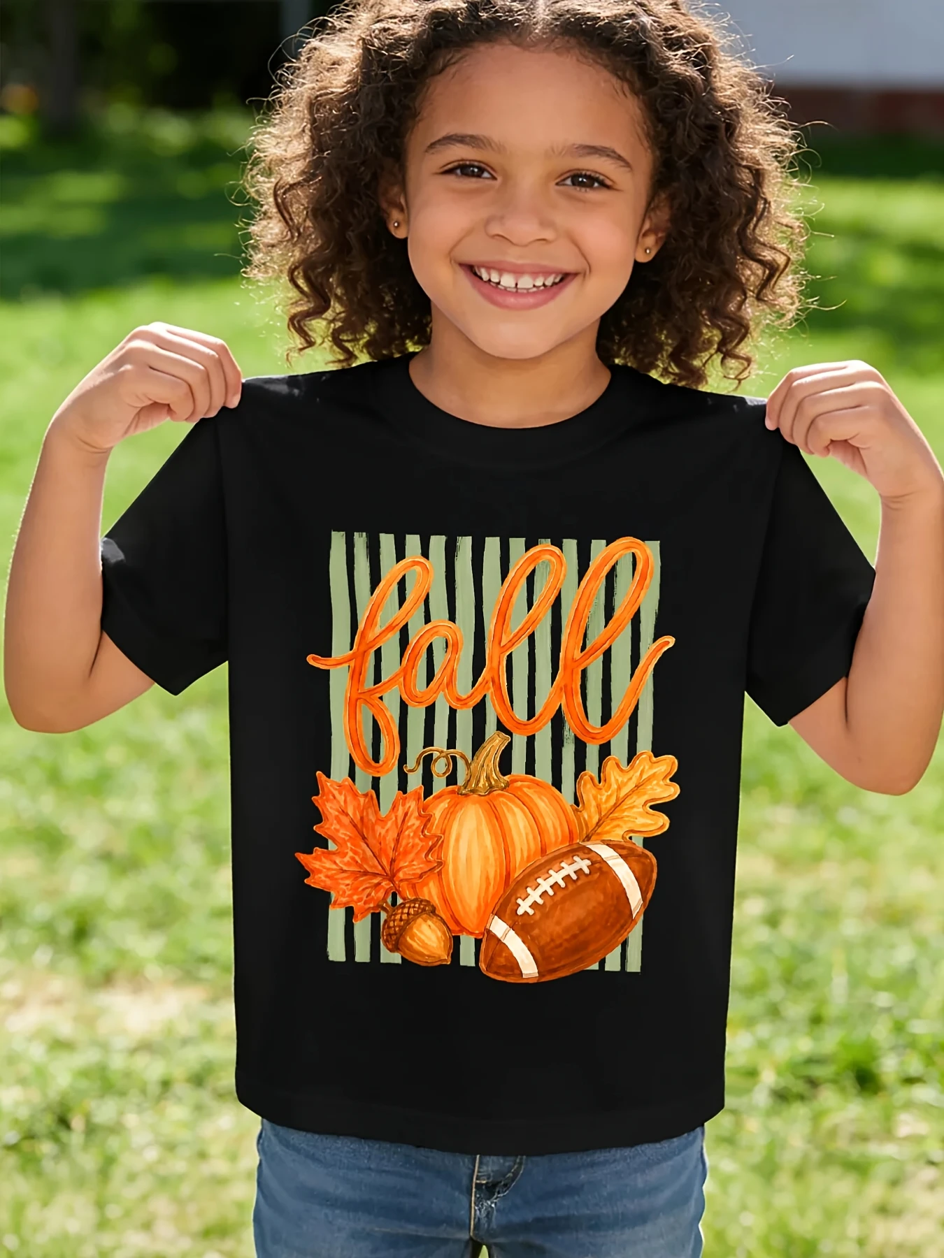 Fall Pumpkin Football Autumn Leaves Thanksgiving Season Graphic T Shirt Family Matching Boys Girls Kids Short Sleeve Daily Tees