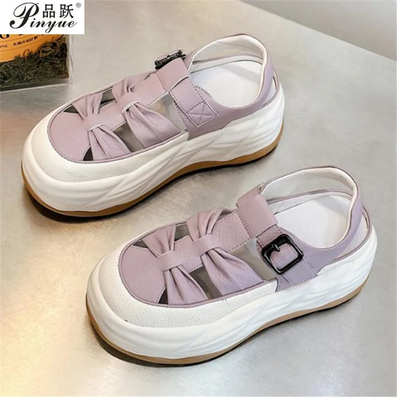 

Retro Full Cow Genuine Leather Women Sandals Platform Slides Shoes Wedge High Heel Women Summer Shoes Hollow Casual shoes