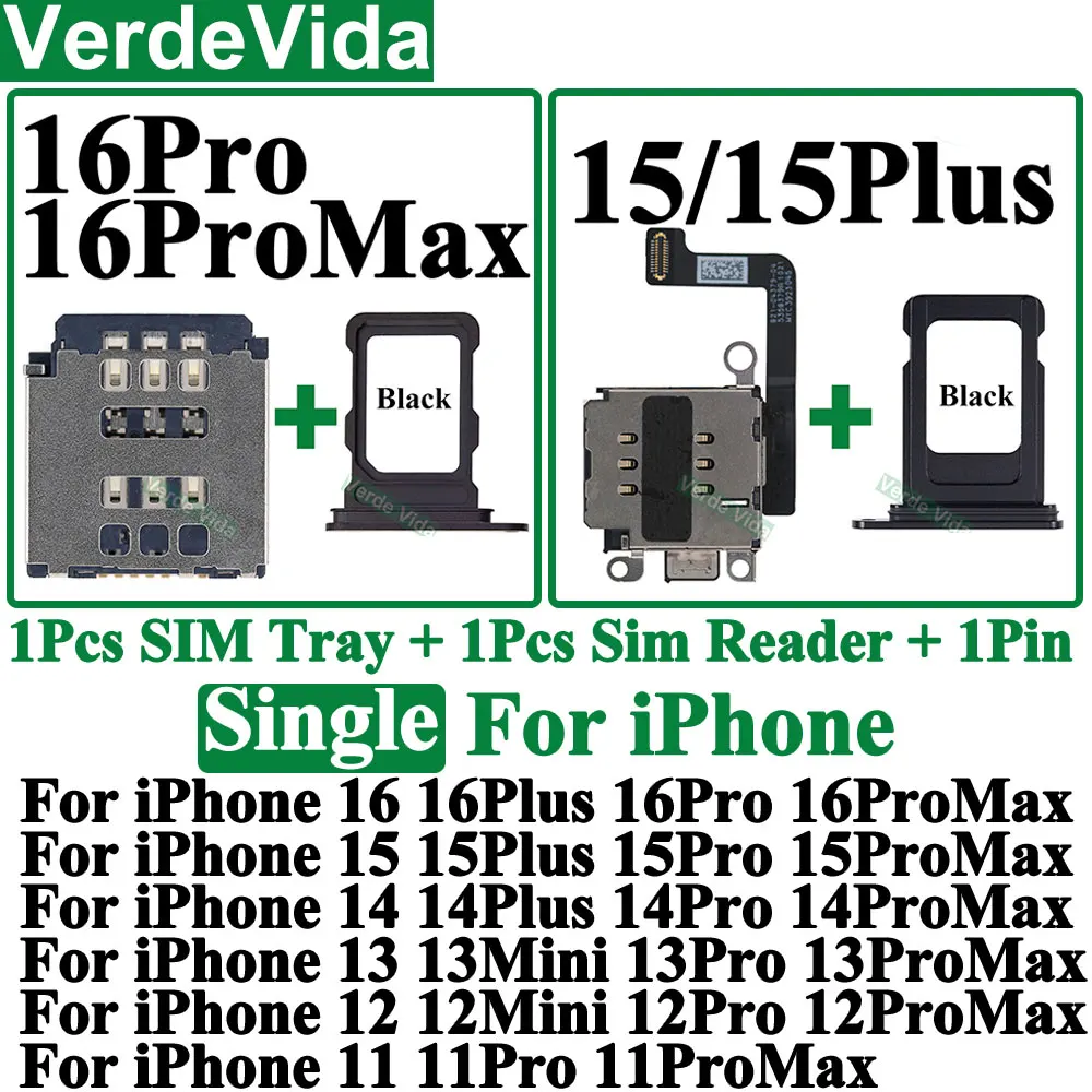 1 conjunto de conector de leitor de cartão sim único cabo flexível + adaptador de suporte de slot de bandeja para iphone 11 12 13 14 15 16 pro max xr peças de reparo