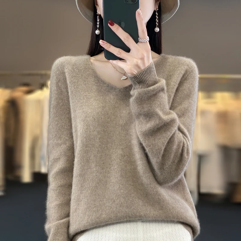 100% pure wool cashmere sweater women\'s V-neck pullover casual knit top autumn and winter women\'s coat Korean fashion