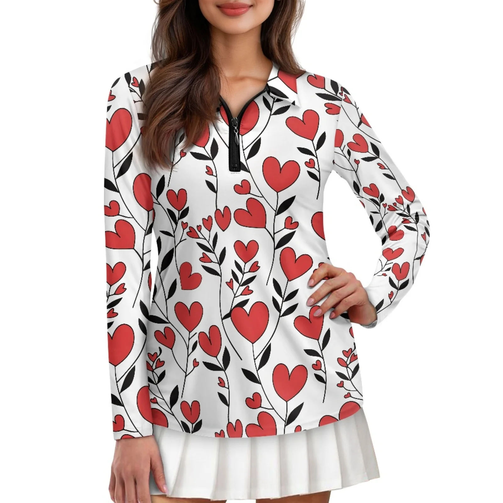 PENSTROLL Red Heart Vines Womens Long Sleeve Athletic Polo Shirts Breathable Polo Shirts for Women for Jogging