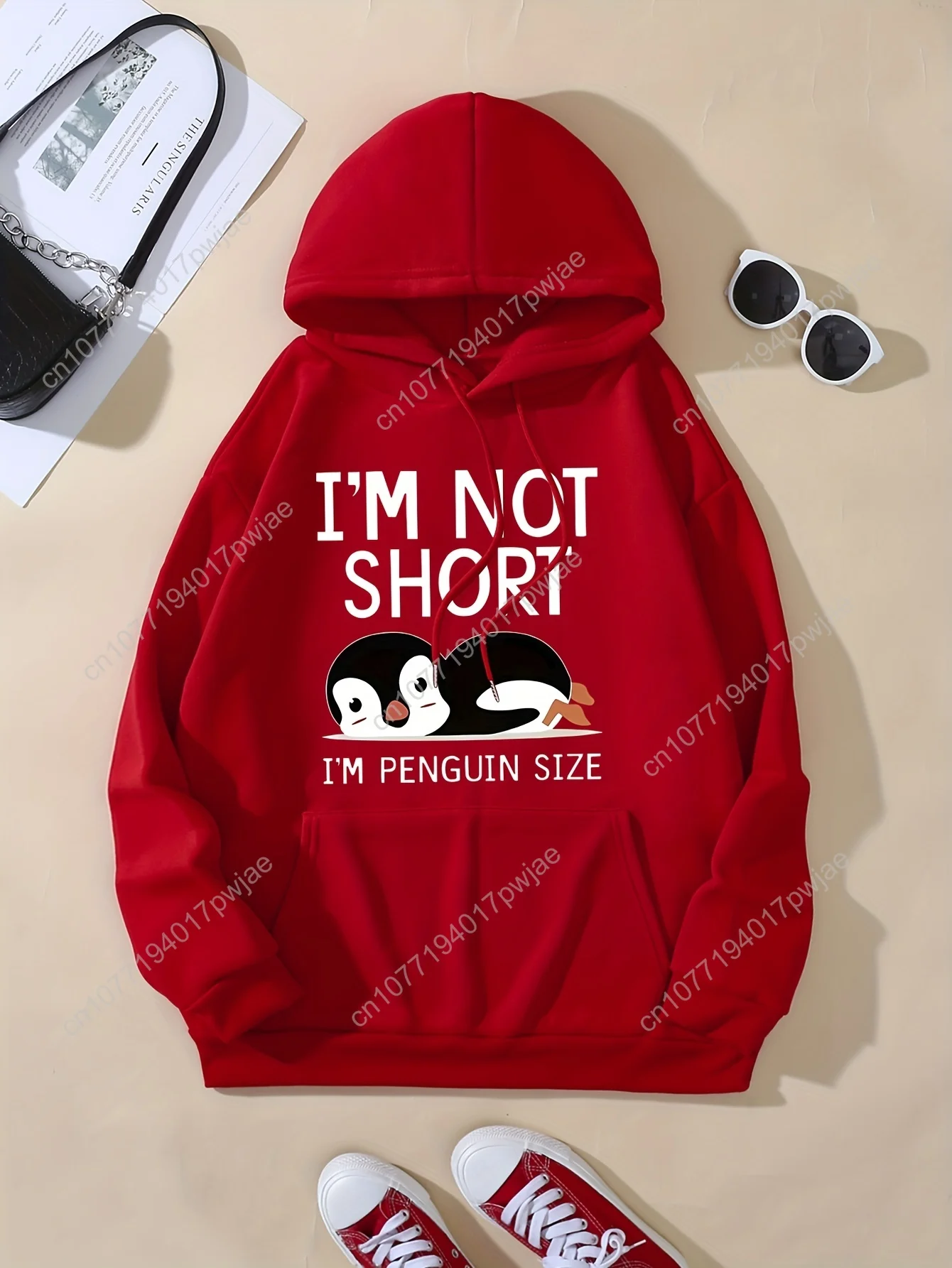 Sudadera con capucha informal con cordón y bolsillo canguro con estampado de pingüino lindo de manga larga, ropa de sudadera para mujer