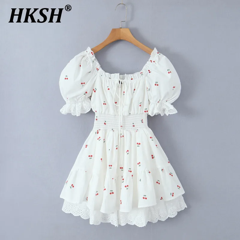 

HKSH Summer New Women's Ins Fashion Sweet High Street Casual Square Collar Puff Sleeved Waist Slimming Short Floral Dress HK5847