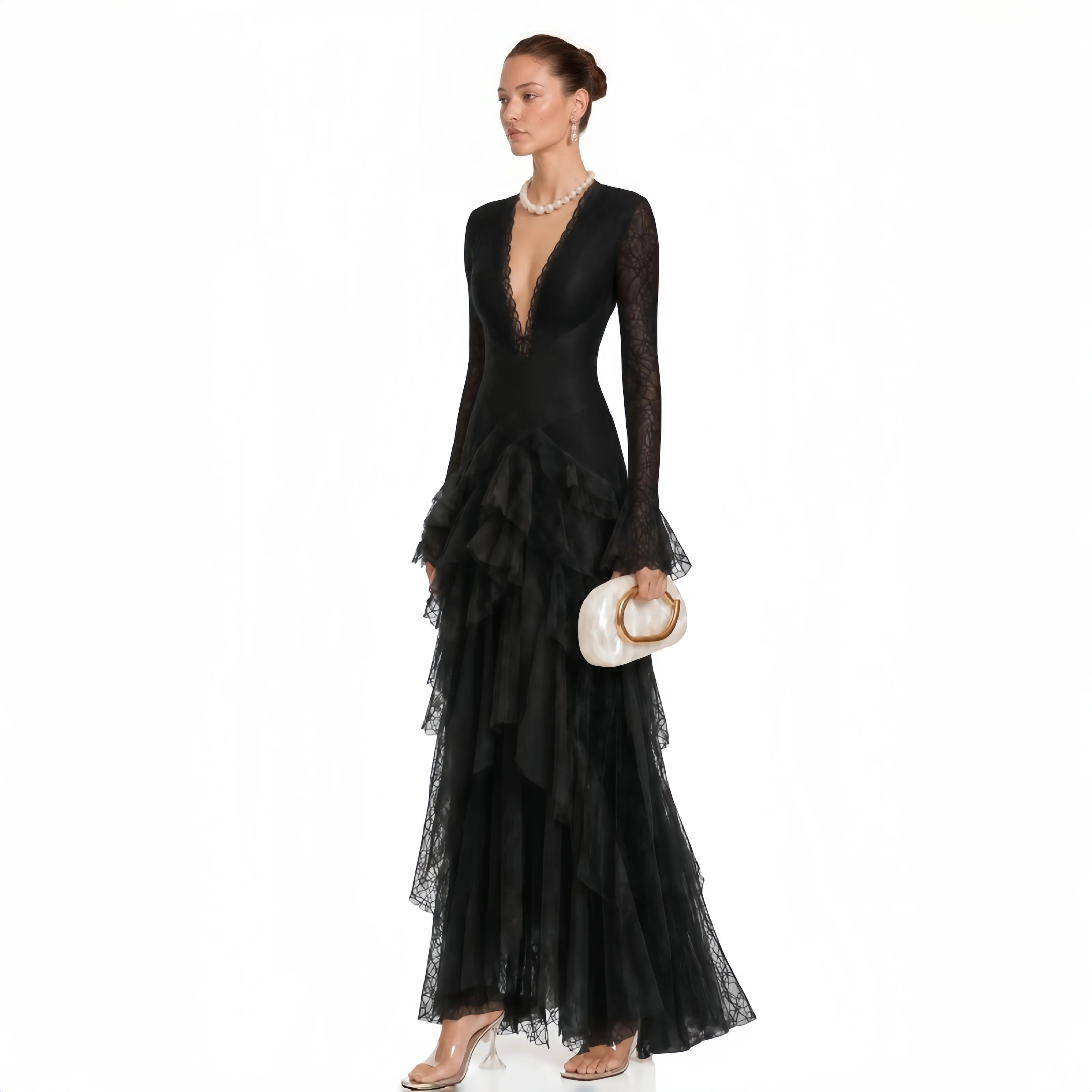 New French Retro Dress With V-Neck Bow Cinched Waist Flared Sleeves Lace Cake Dress Slim Fit Evening Gowns Custom Made