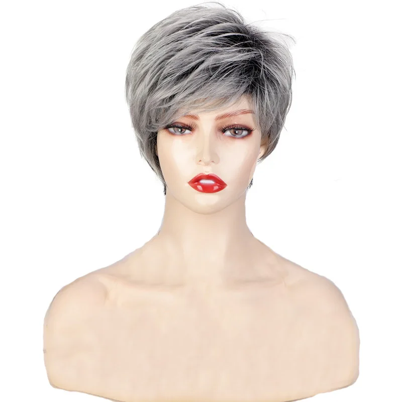 Xuchang White Wig Women's Short Straight Hair Head Cover Fluffy Oblique Liu Hai Chemical Fiber Wigs